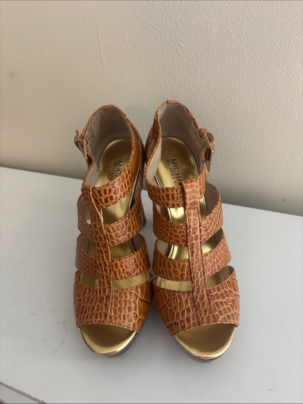 Michael Kors Cognac Croc-Embossed Strappy Wedge Sandals